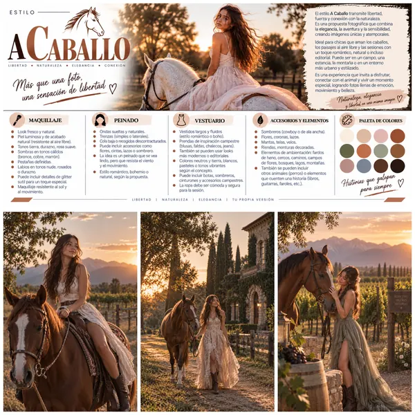 Idea «A caballo»: una quinceañera con vestido claro sobre un caballo blanco al atardecer y fotos en el campo, con maquillaje, peinado, vestuario, accesorios y paleta de colores.