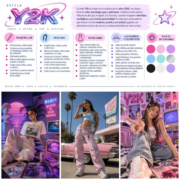 Idea «Y2K»: estética de los años 2000 con luces de neón, ropa pop y un auto rosa, con maquillaje, peinado, vestuario, accesorios y paleta de colores.