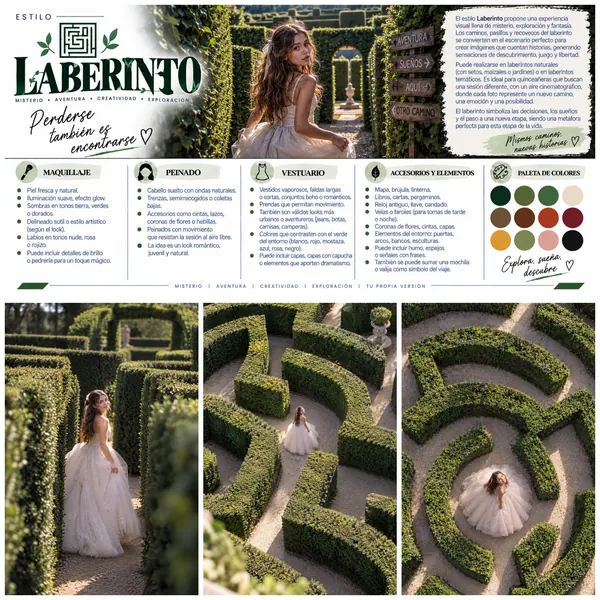 Idea «Laberinto»: una quinceañera con vestido blanco recorriendo un laberinto de arbustos, con maquillaje, peinado, vestuario, accesorios y paleta de colores.