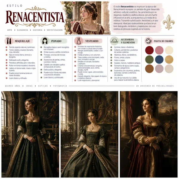 Idea «Renacentista»: vestidos de época y luz de ventana en un salón antiguo, con maquillaje, peinado, vestuario, accesorios y paleta de colores.