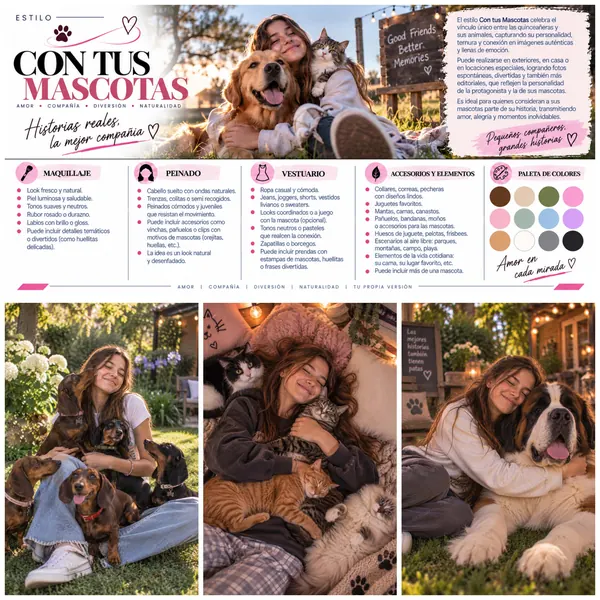 Idea «Con tus mascotas»: una quinceañera con sus perros y gatos en el jardín y en casa, con maquillaje, peinado, vestuario, accesorios y paleta de colores.