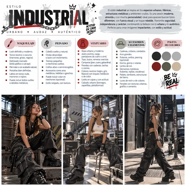 Idea «Industrial»: look urbano con ropa oscura y borcegos en una fábrica, con maquillaje, peinado, vestuario, accesorios y paleta de colores.
