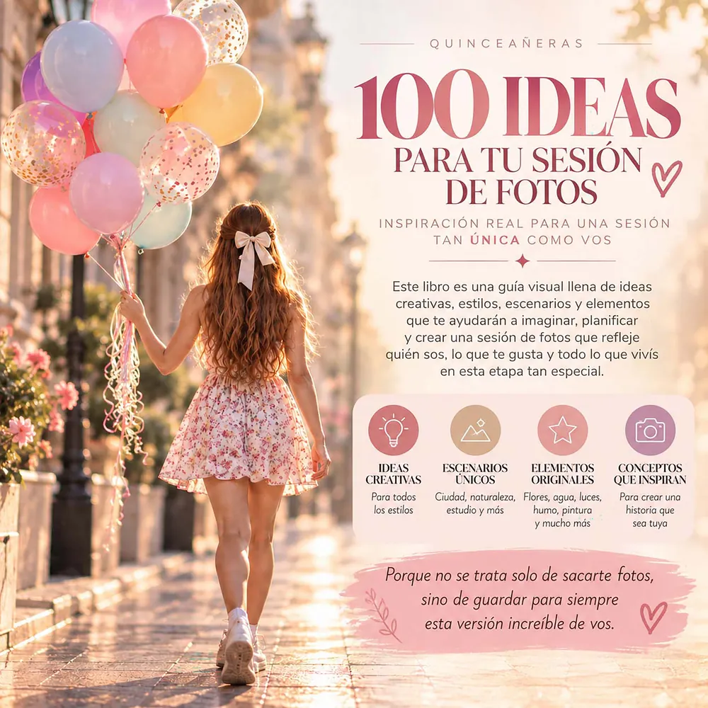 Presentación del libro: una guía visual con ideas creativas para todos los estilos, escenarios únicos (ciudad, naturaleza, estudio y más), elementos originales como flores, agua, luces, humo y pintura, y conceptos que inspiran.